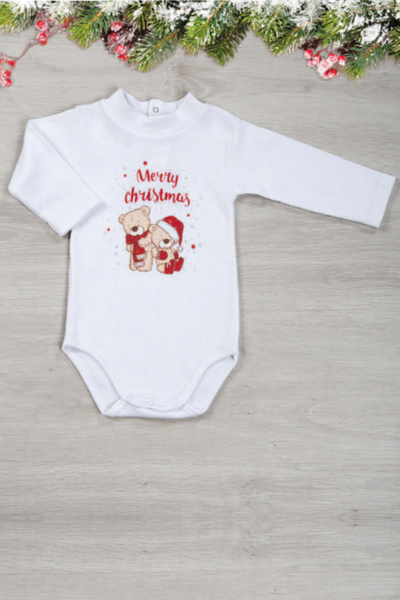 Body a lupetto manica lunga in cotone con stampe natalizie