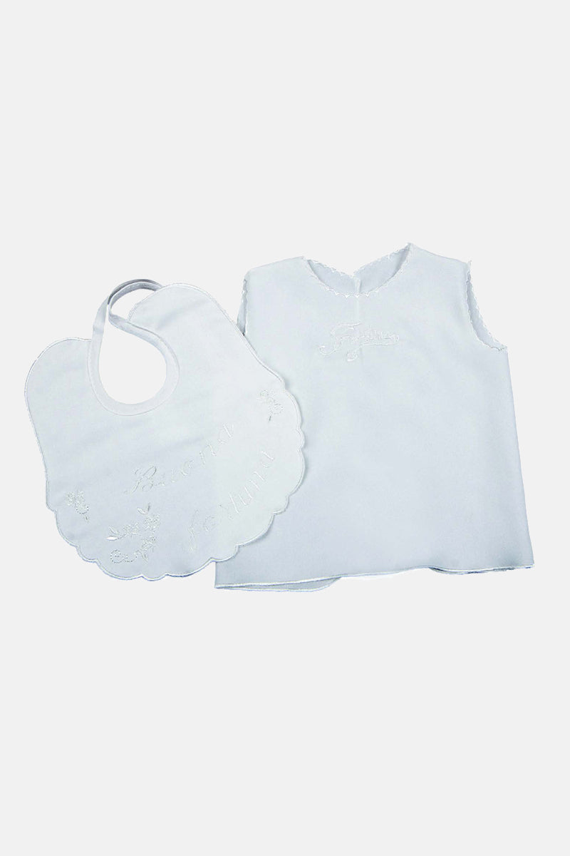 Set bavaglino e camicina della fortuna in cotone con ricamo "buona fortuna"