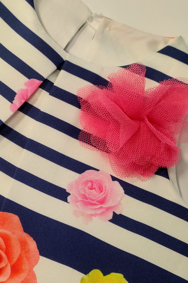 Vestitino a righe e fiori con rosa in tulle e strass
