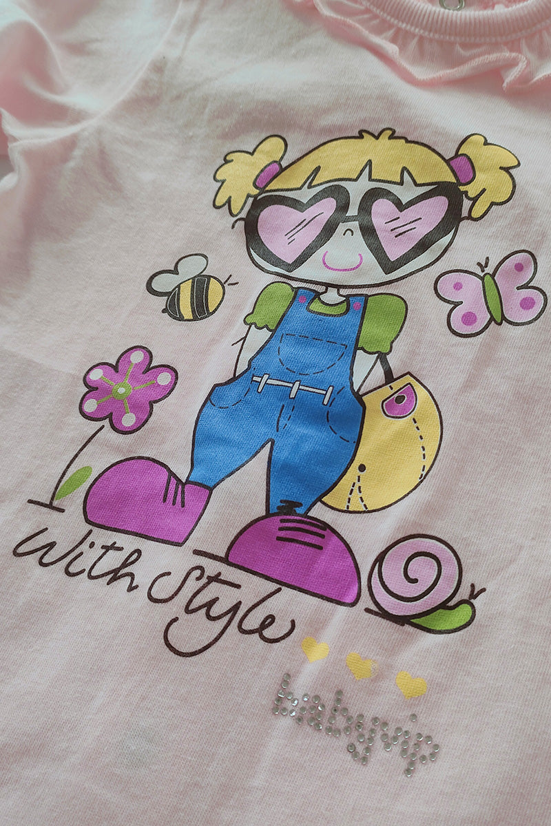 Pagliaccetto mezza manica in cotone con rouches - strass e stampa