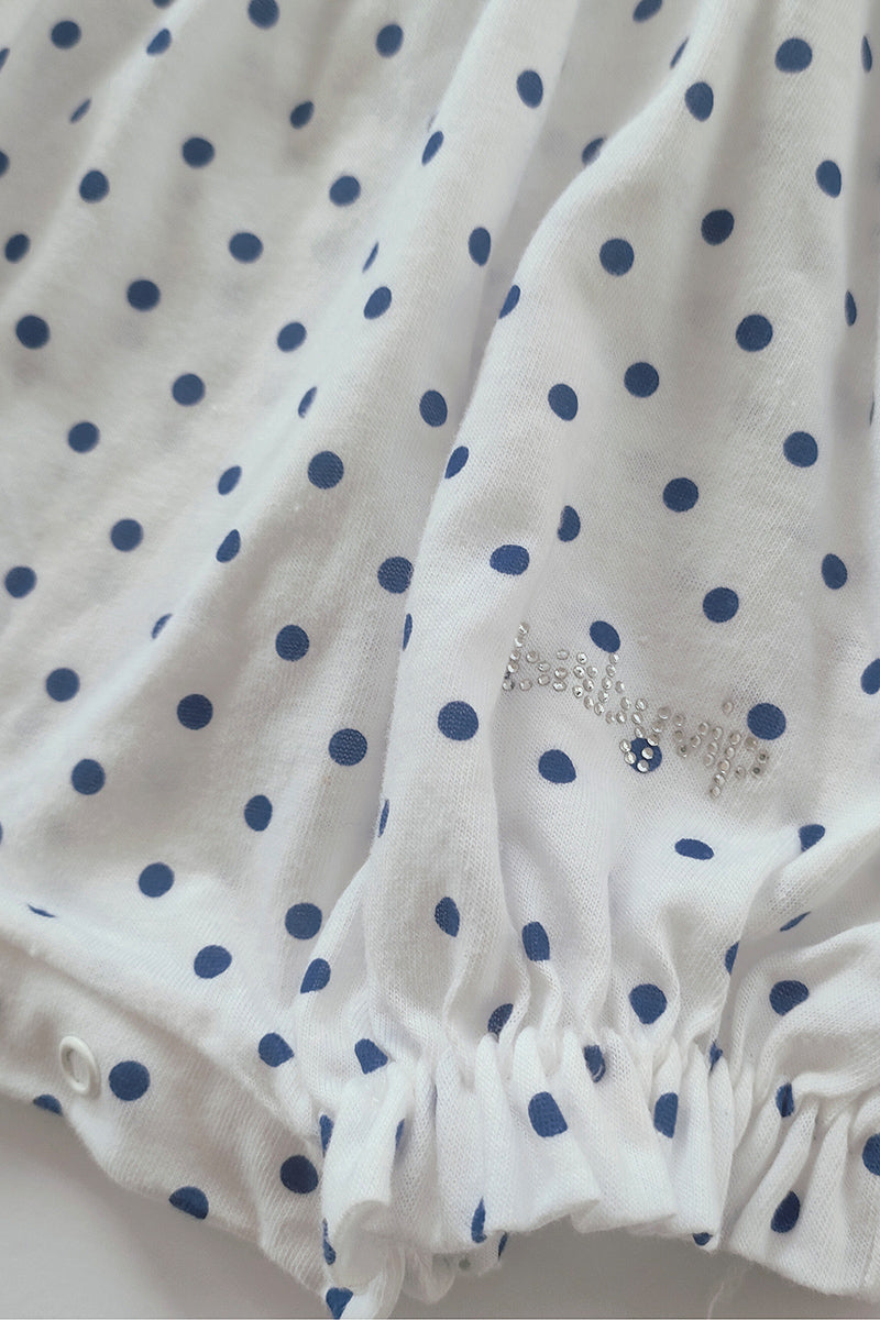 Pagliaccetto spalla stretta in cotone a pois con fiocchettini e strass