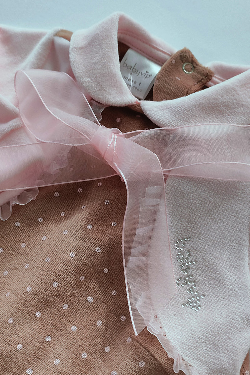 Tutina neonata in ciniglia fantasia a pois con fiocco e strass