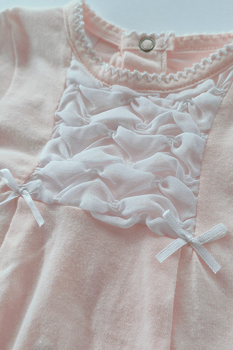 Pagliaccetto mezza manica in cotone con inserto punto smock in tela e pieghette con nodini