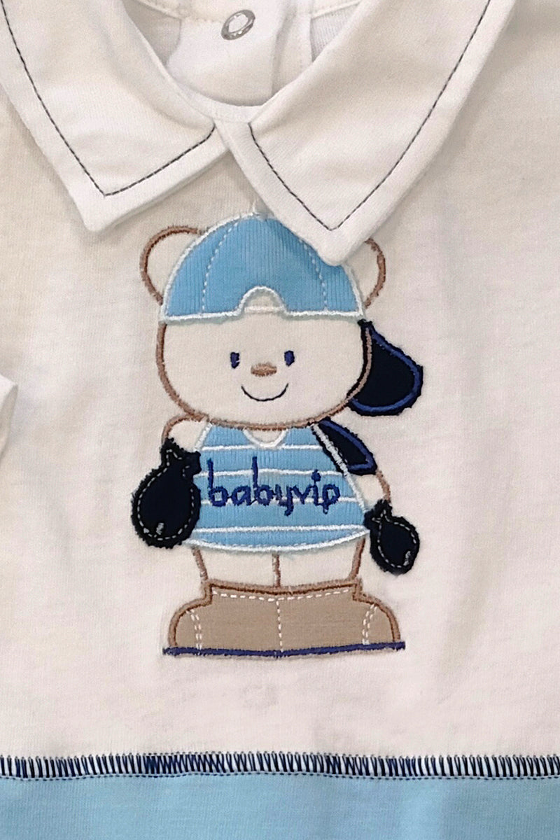 Tutina in cotone con inserto in contrasto e ricamo