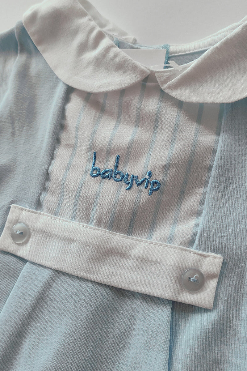 Pagliaccetto mezza manica in cotone elasticizzato con inserti in tela rigata e ricamo babyvip