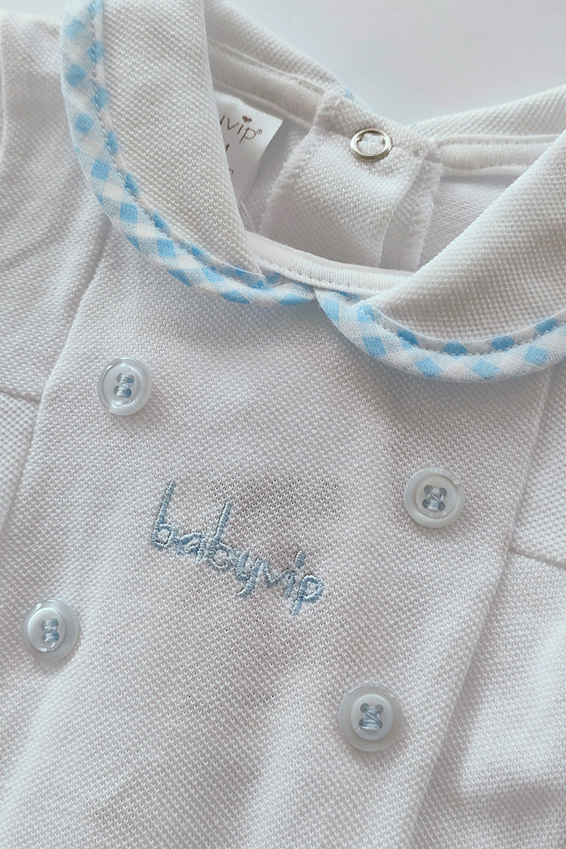 Pagliaccetto mezza manica in piquet con profii vichy e ricamo