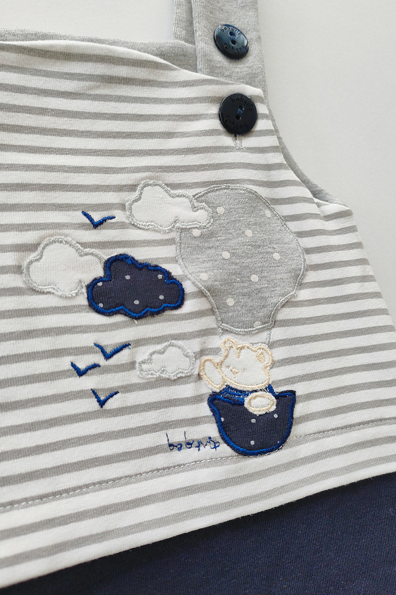 Salopette in cotone elasticizzato rigato con ricamo orsacchiotto