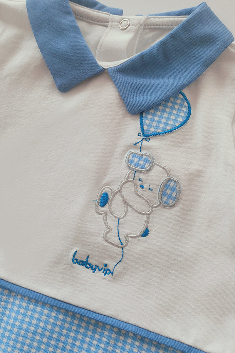 Pagliaccetto mezza manica in cotone elasticizzato con inserti vichy e ricamo