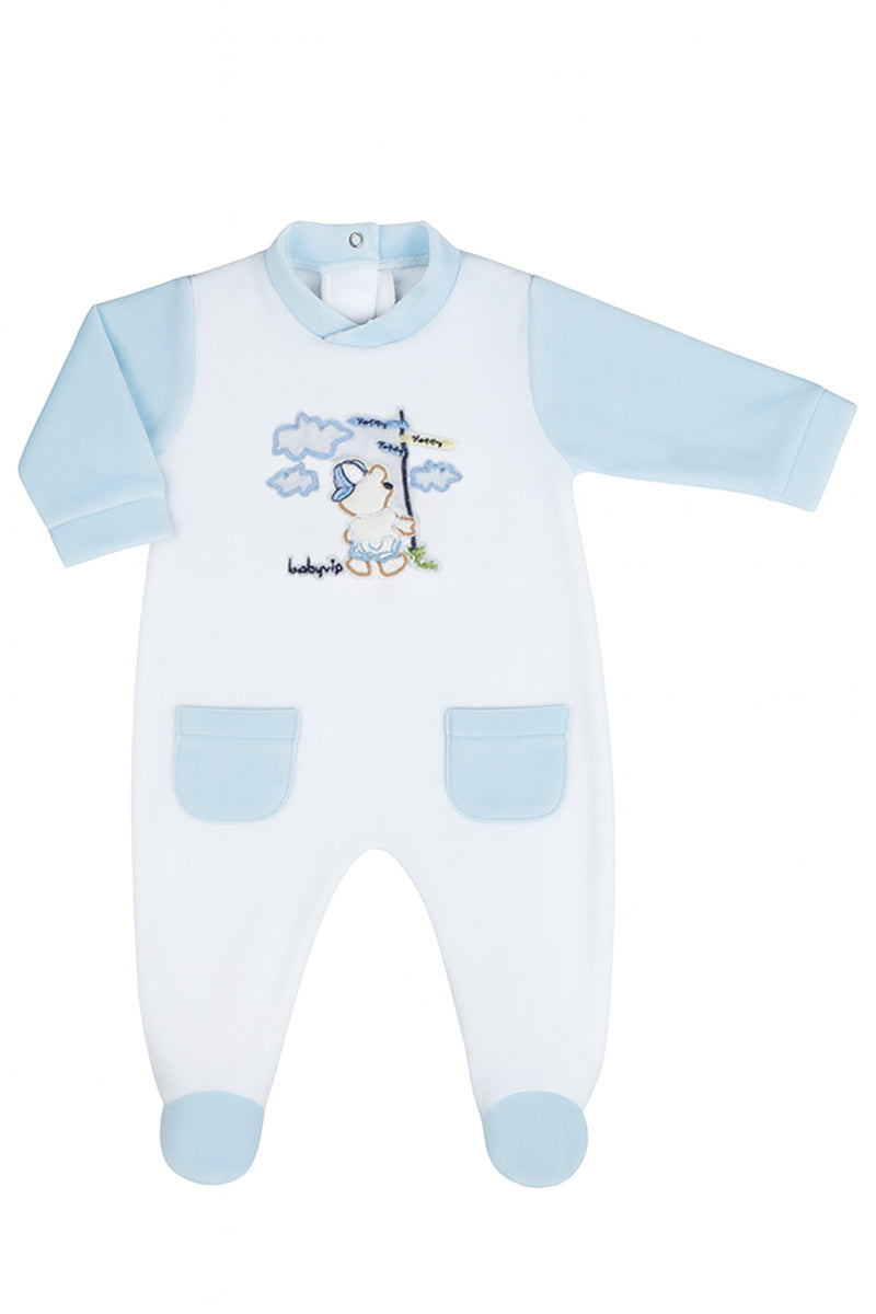 Tutina in ciniglia con ricamo orsetto e scritta babyvip