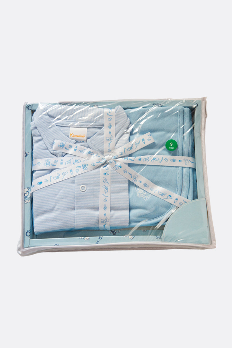 Pacchetto nascita 2 pezzi con body rigato con colletto e copertina in cotone con stampa