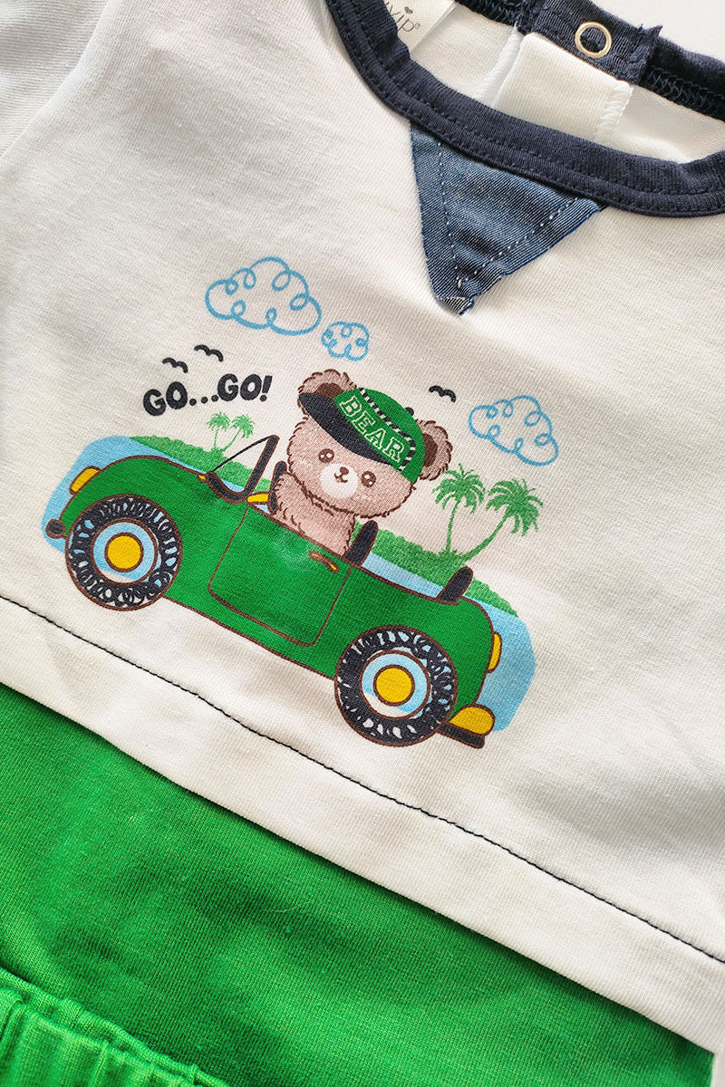 Completo 2 pezzi in cotone elasticizzato con inserti in tela jeans e stampa