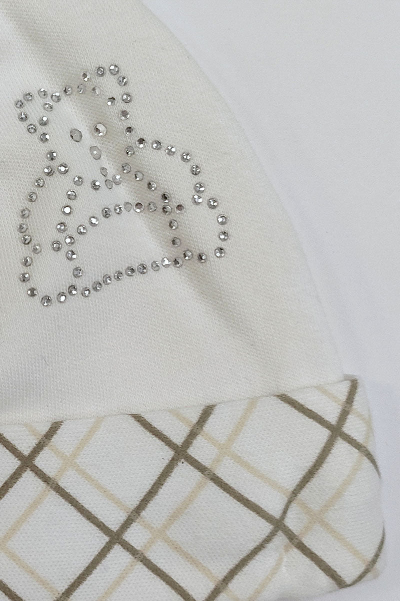 Cappellino in cotone con risvolto e strass orsacchiotto
