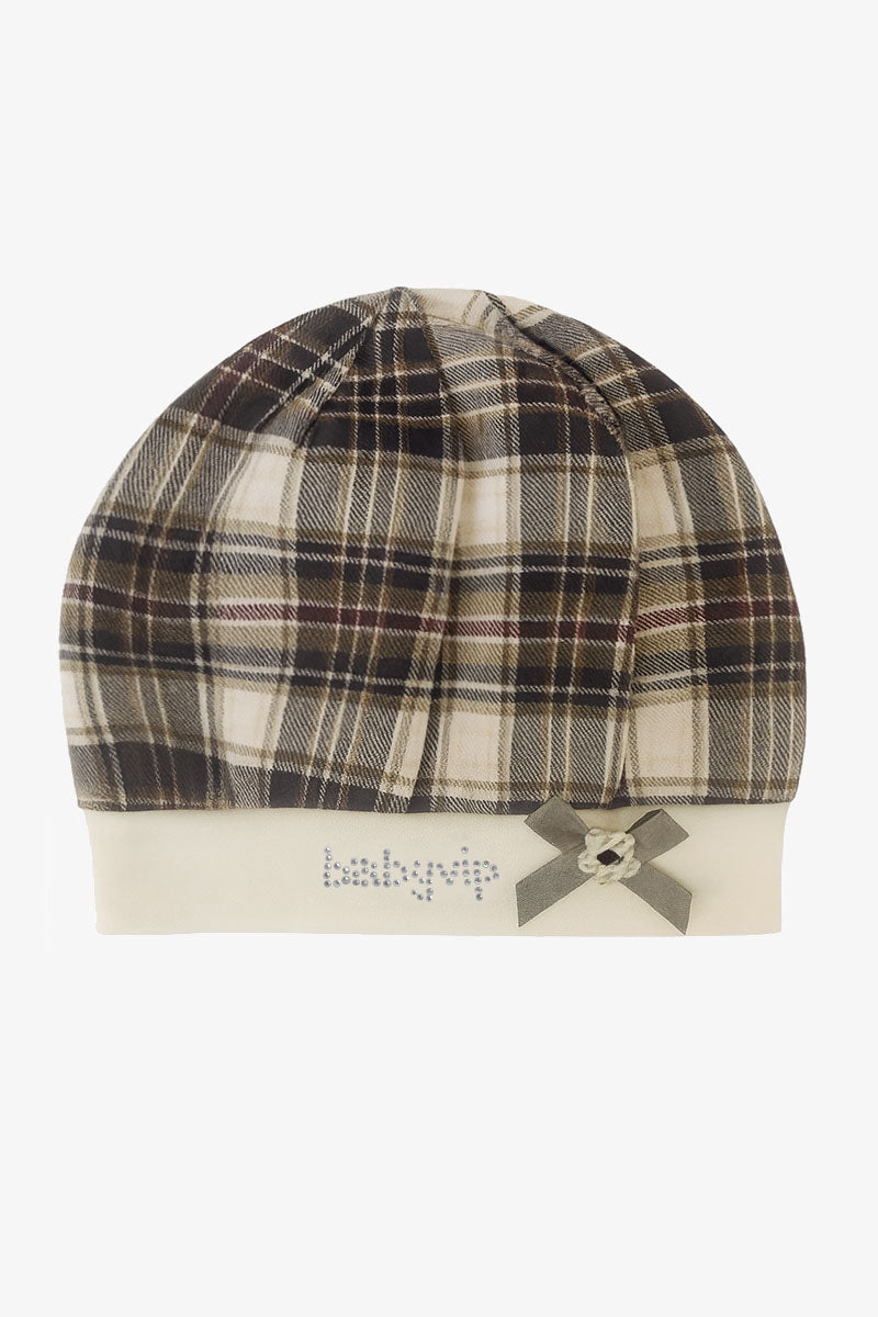 Baschetto in cotone fantasia a quadri tartan con strass e Fiocchettino