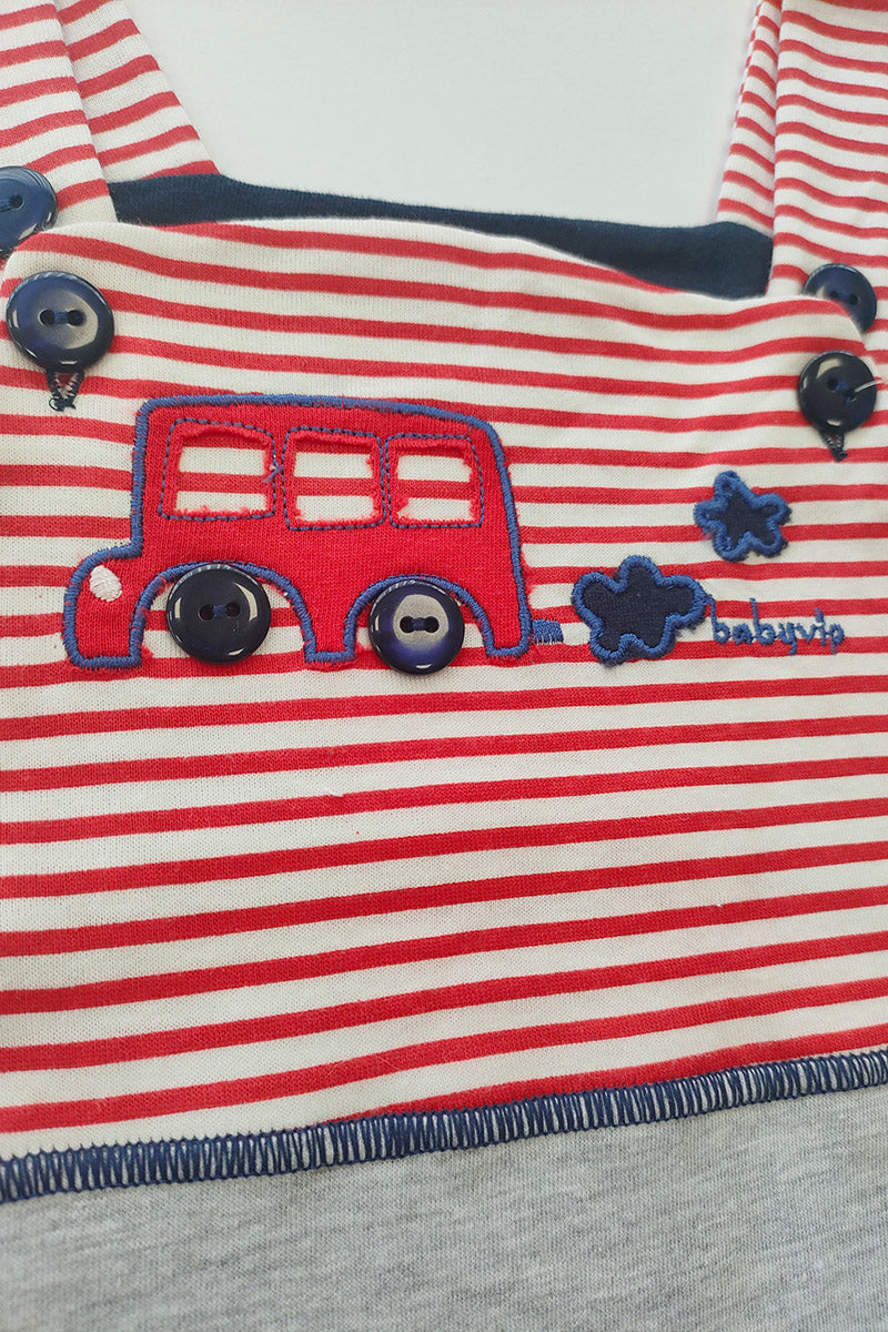 Salopette in cotone rigato con ricamo e applicazioni