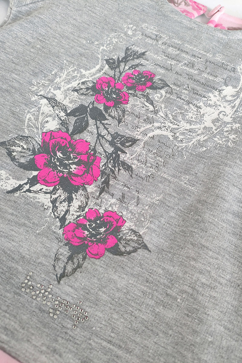 Vestitino in felpa garzata con stampa strass e rouches fiorate