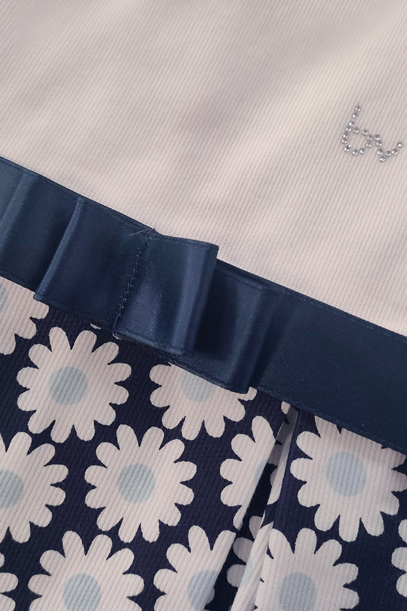 Vestitino smanicato in tela floreale con nastro in raso con fiocco e strass