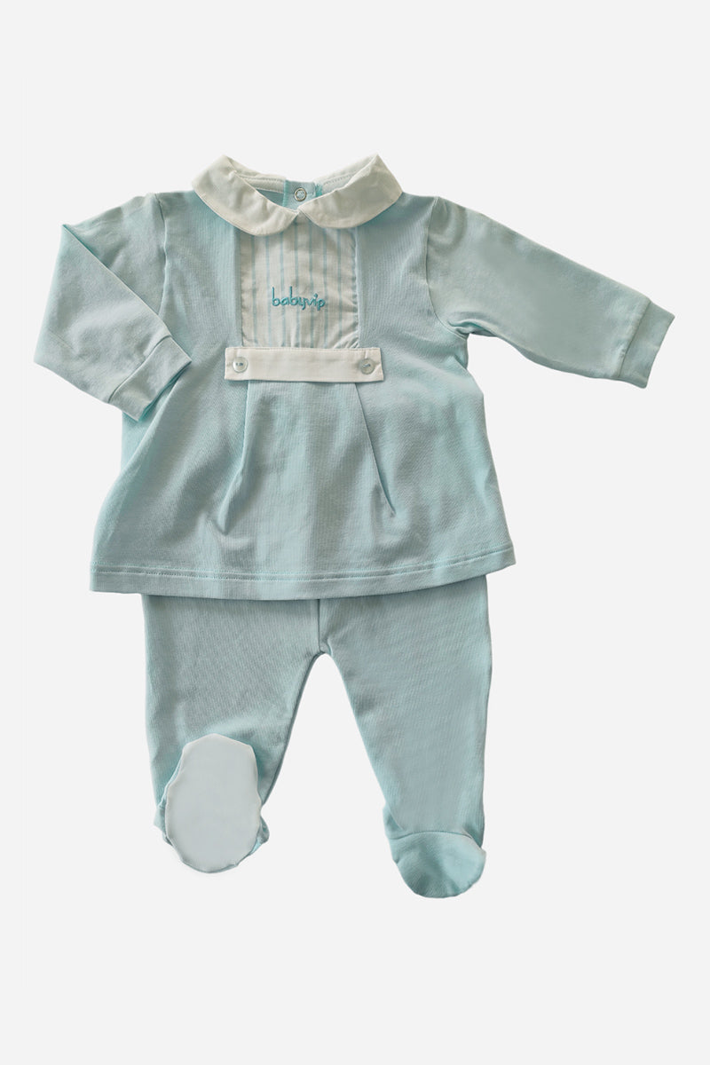 Completo 2 pezzi in cotone Jersey elasticizzato con inserti in tela rigata e ricamino babyvip
