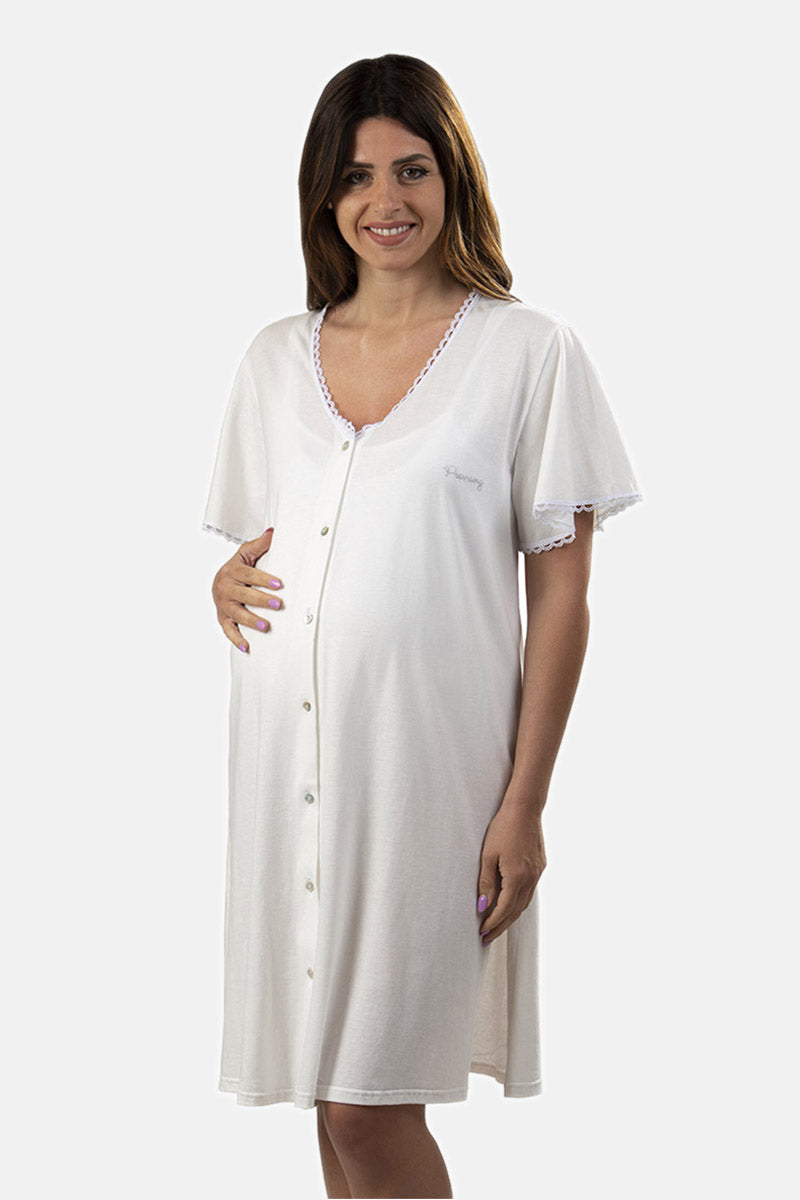 Camicia clinica aperta davanti mezza manica in jersey con applicazione macramè e strass