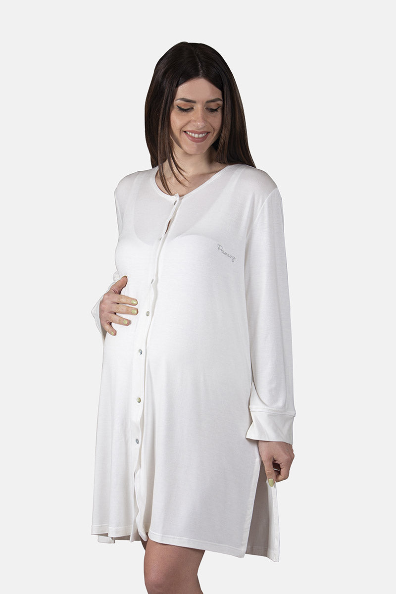 Camicia clinica aperta davanti a manica lunga in jersey con profilo in contrasto e strass