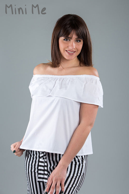 Top donna in tela di cotone con balza