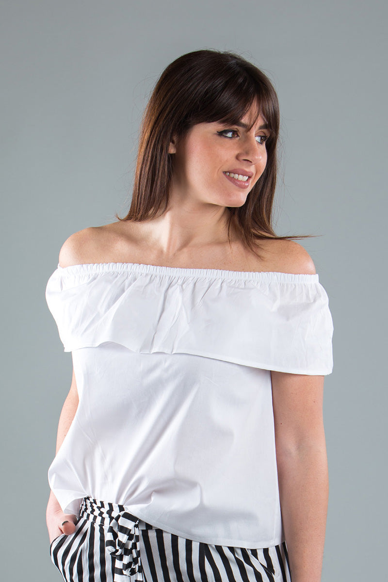 Top donna in tela di cotone con balza