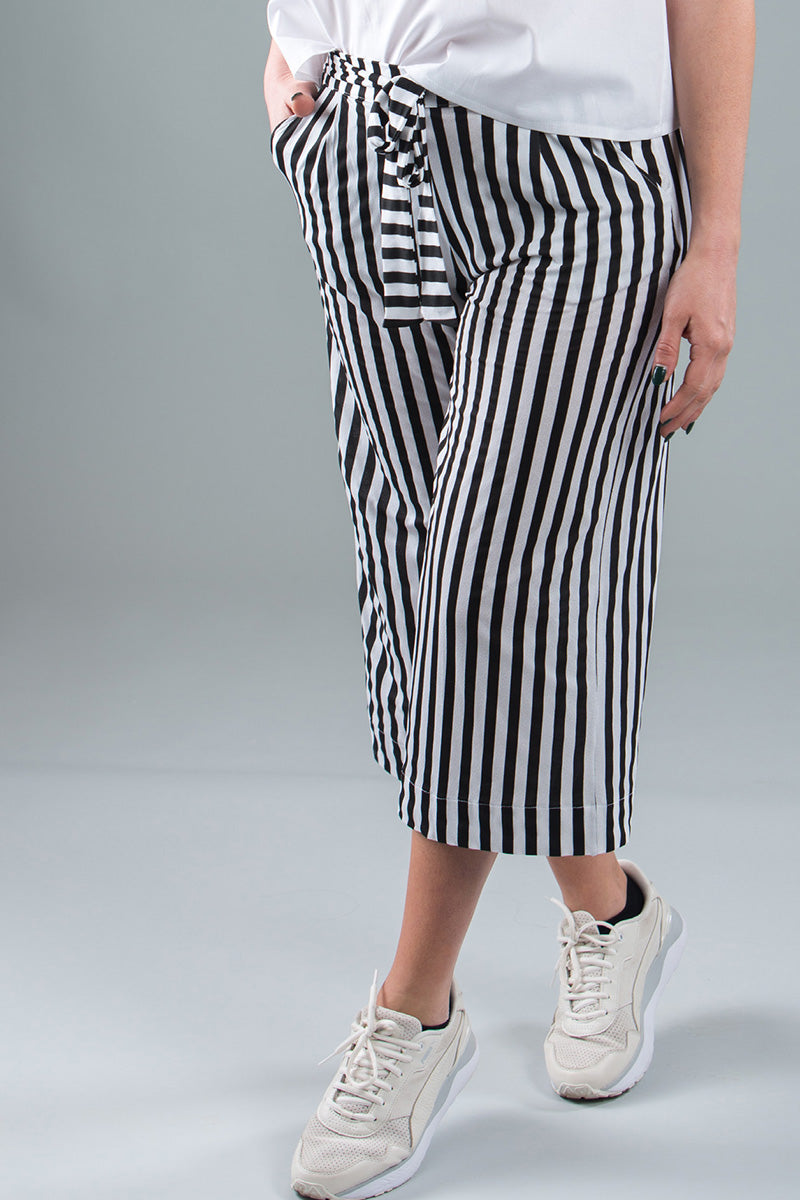 Coulotte donna in tessuto crepe rigato con tasche e cintura