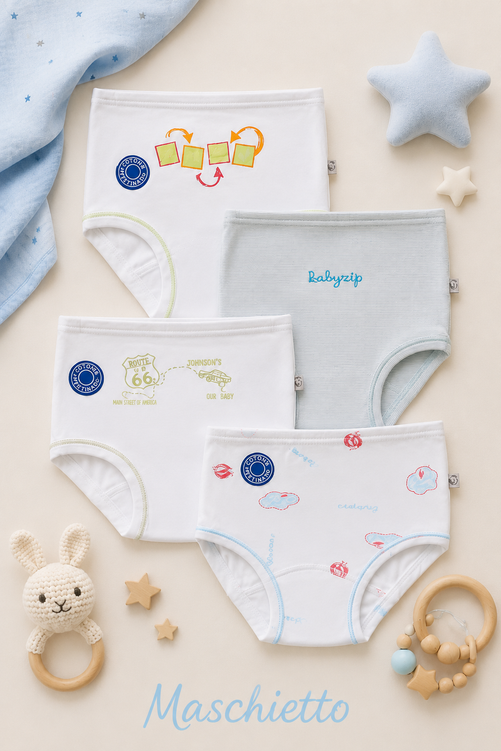 Set 3 mutandine neonato/a in cotone fantasie assortite