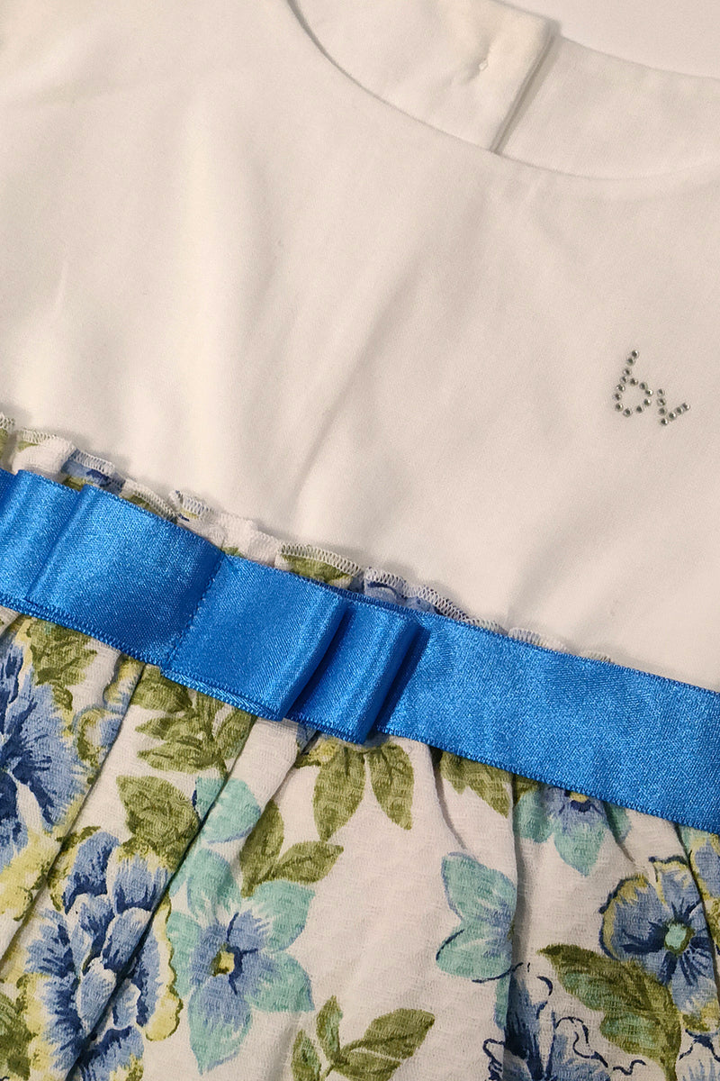 Vestitino in tessuto operato fantasia floreale con nastro in raso e strass