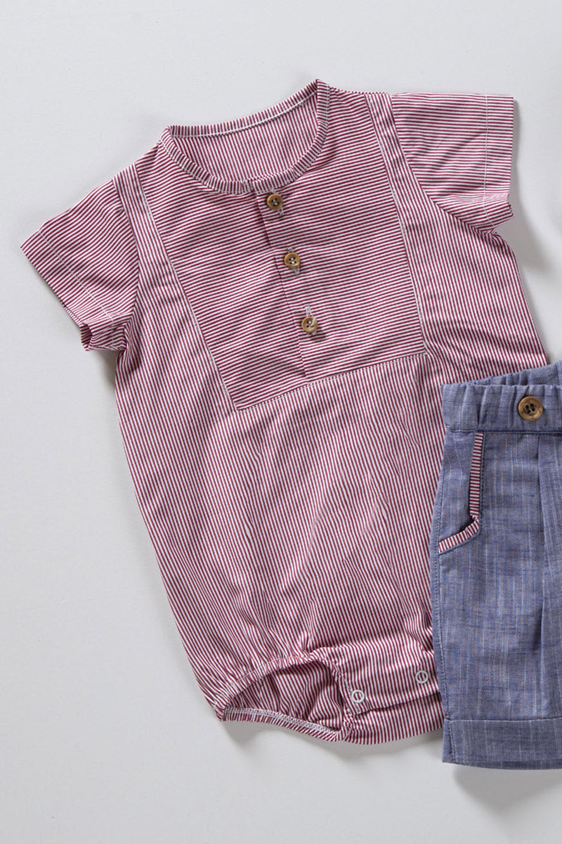 Body a camicia in tela di cotone rigato con taglio quadro e apertura sul davanti