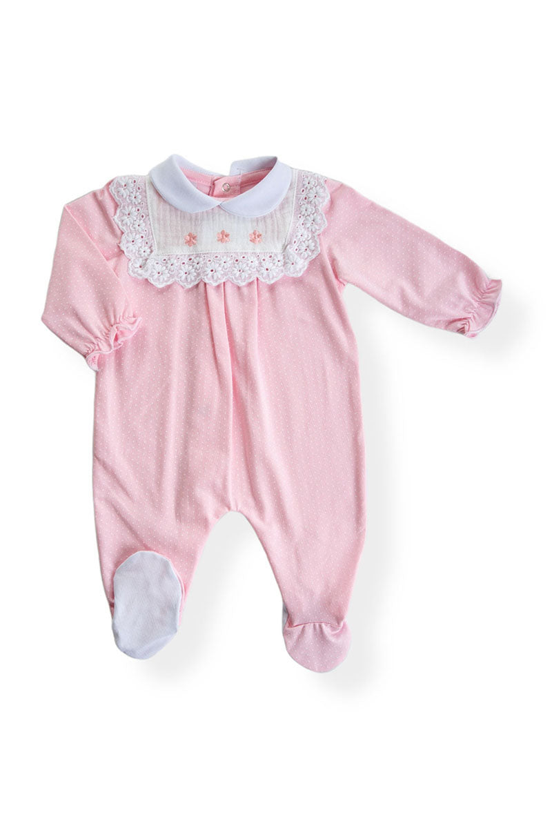 Tutina in cotone elasticizzato con micropois, inserto in mussola con ricamo e applicazione in sangallo