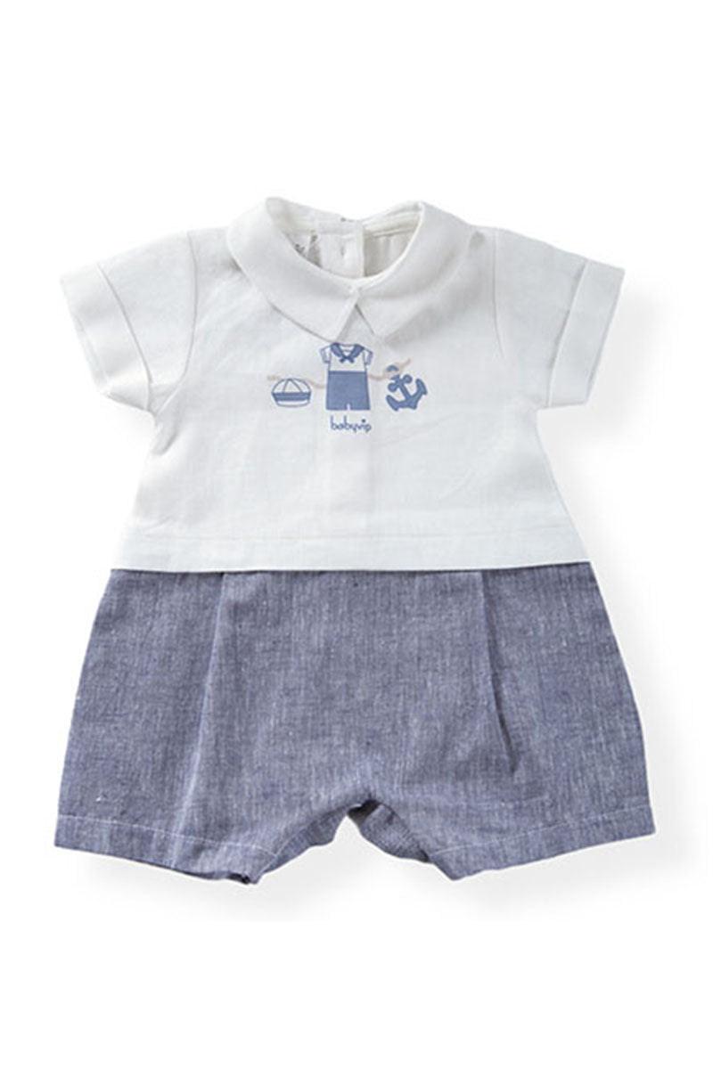 Pagliaccetto mezza manica in tela di cotone con stampa ed inserto in tessuto effetto lino