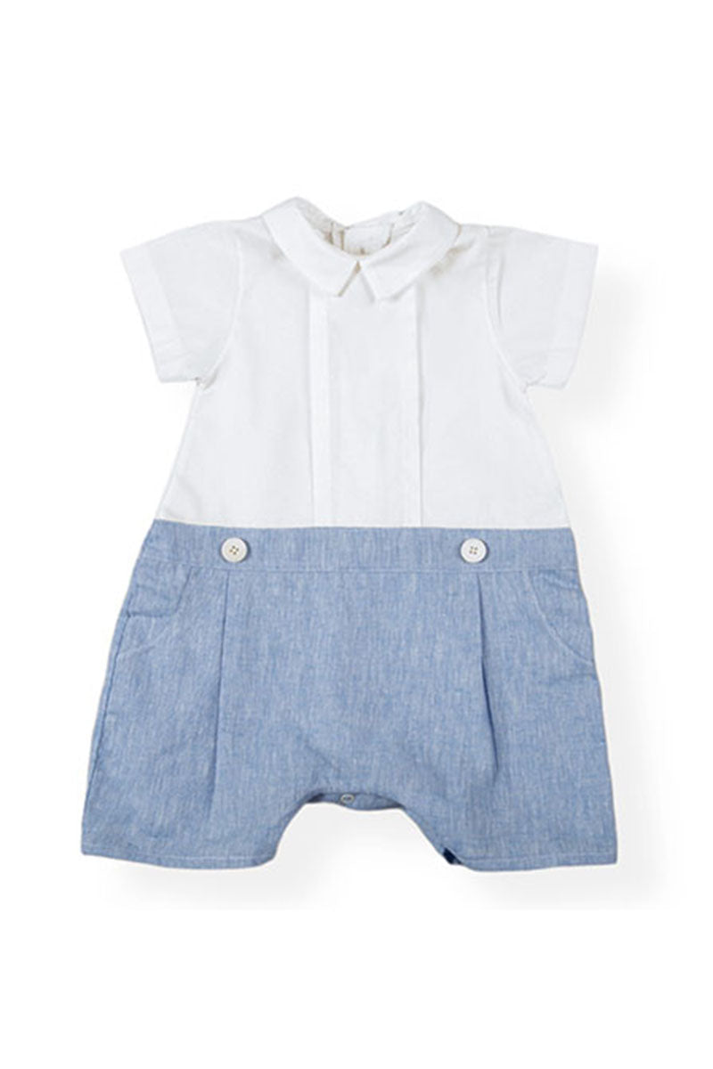 Pagliaccetto in tela di cotone con pieghette, inserto in tessuto effetto lino, pence e bottoni