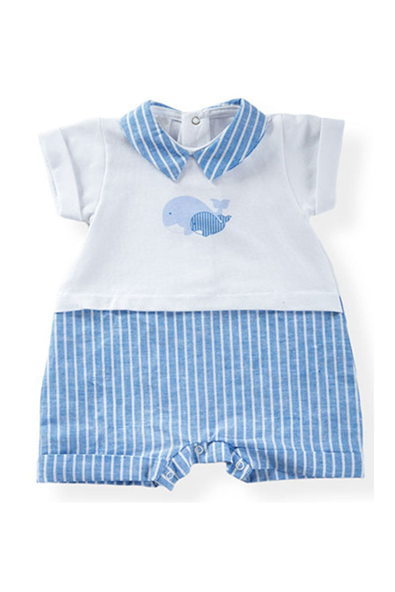 Pagliaccetto mezza manica in cotone elasticizzato con stampa ed inserto in tessuto effetto lino rigato