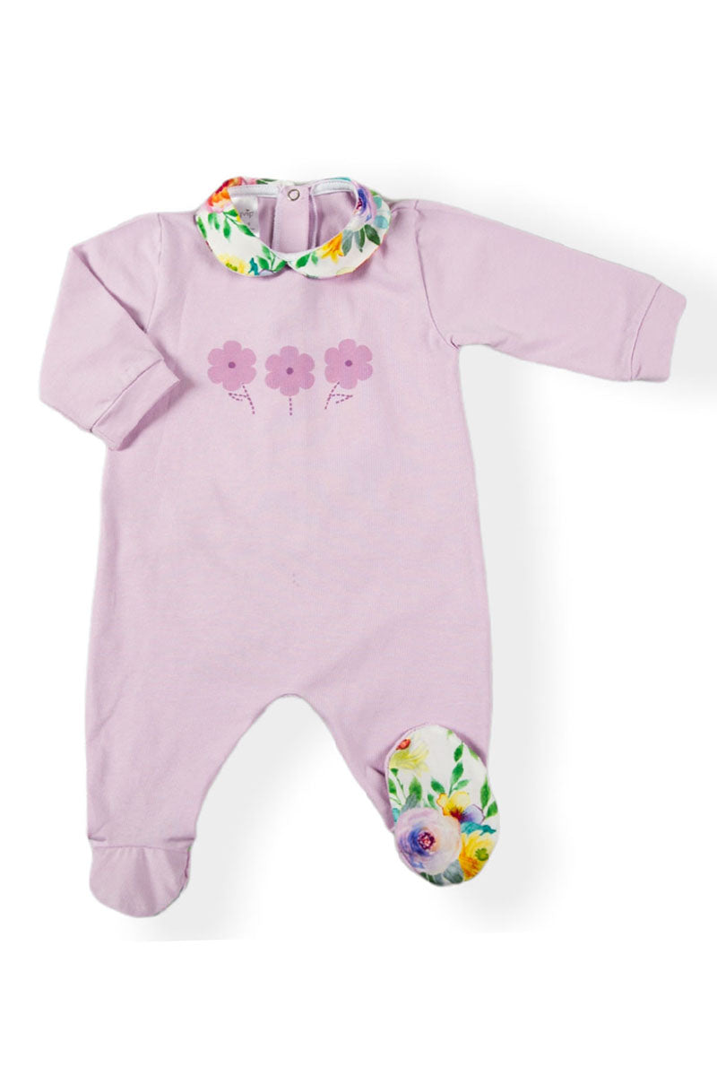 Tutina in cotone elasticizzato con stampa inserto in contrasto e balza arricciata fantasia pois