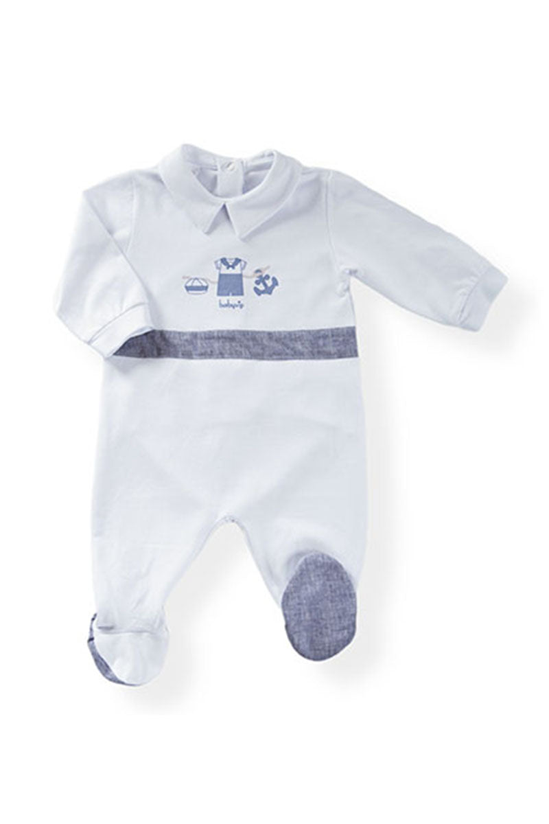 Tutina in in cotone elasticizzato con stampa ed inserti in tessuto effetto lino