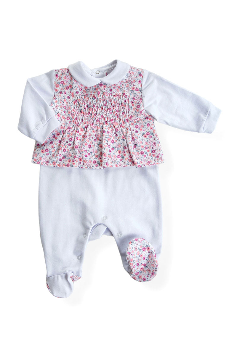 Tutina in cotone elasticizzato con inserti in tela di cotone organico fantasia provenzale con punto smock