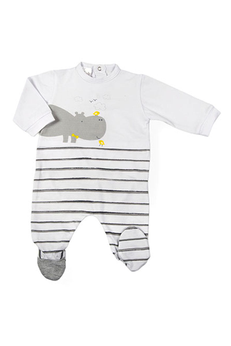 Tutina in cotone elasticizzato con stampa ed inserto rigato