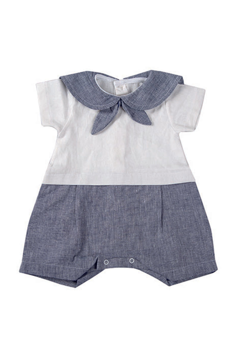 Pagliaccetto mezza manica in tela di cotone con collo marinaretto ed inserto in tessuto effetto lino