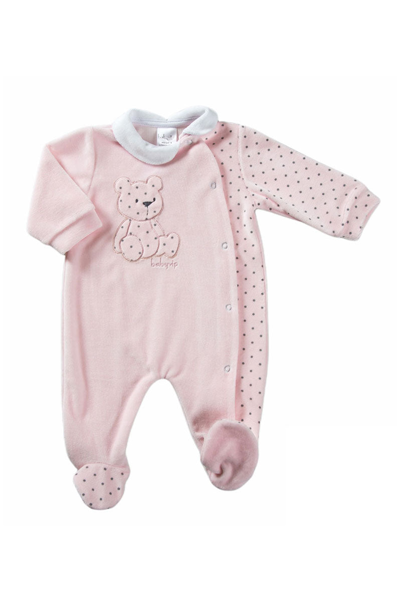 Tutina in ciniglia con apertura anteriore laterale e inserti a pois con ricamo