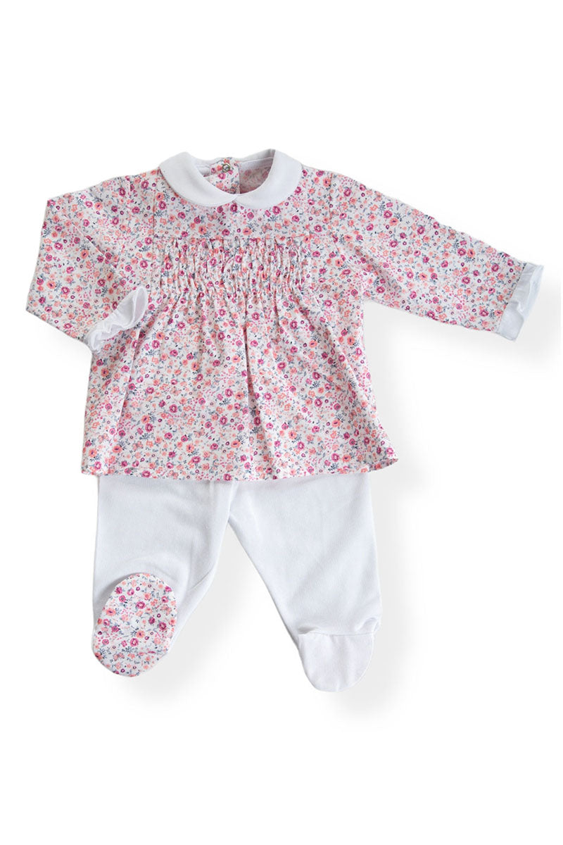 Completo in tela di cotone organico fantasia provenzale con punto smock e inserti in cotone elasticizzato