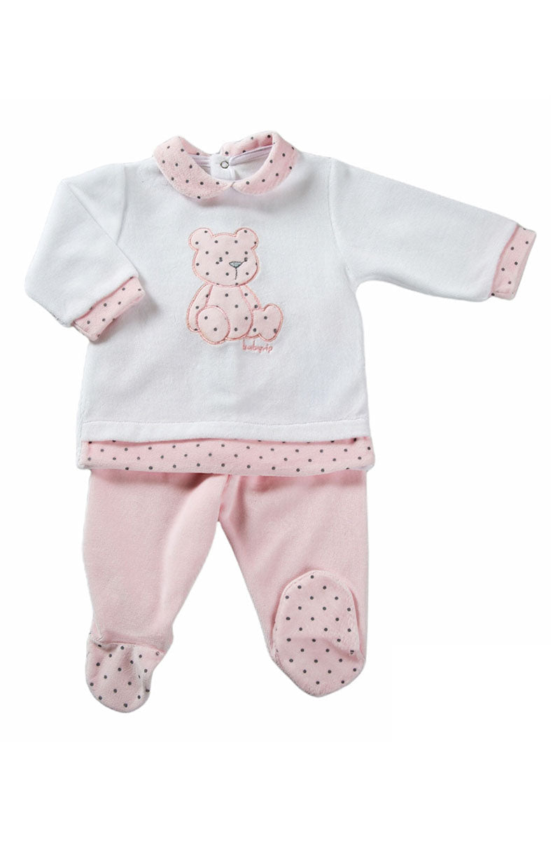 Completo 2 pezzi in ciniglia in ciniglia con inserti a pois e ricamo