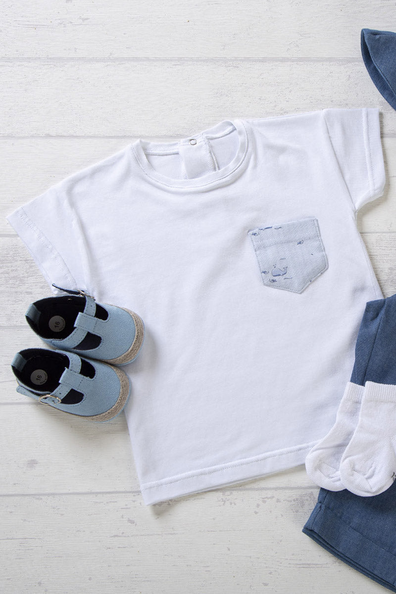T-shirt mezza manica in cotone jersey con taschino in tela fantasia balene