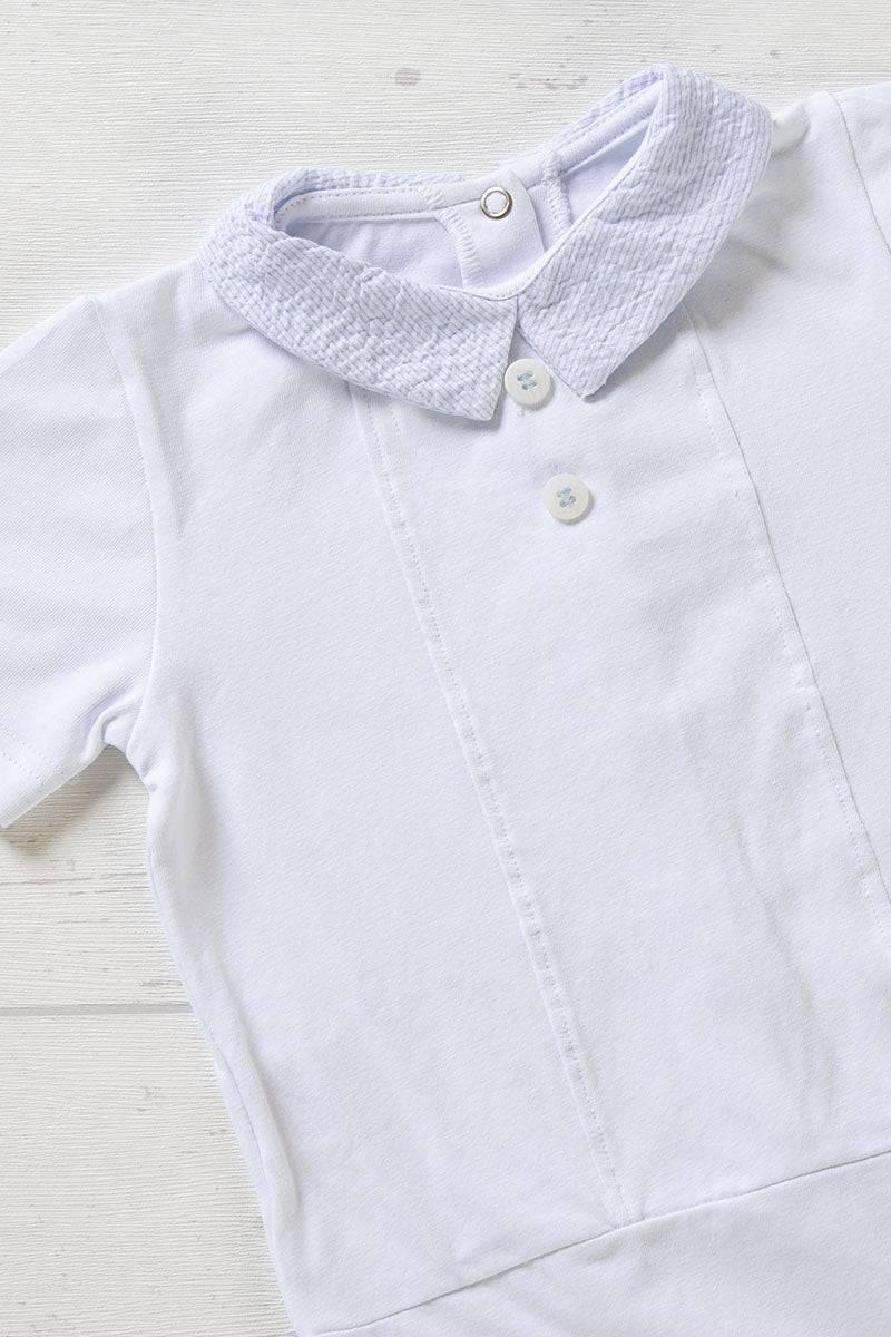 Body a camicia in jersey elasticizzato con colletto goffrato e Salopette in tela di cotone millerighe con bretelle in tela di cotone in contrasto