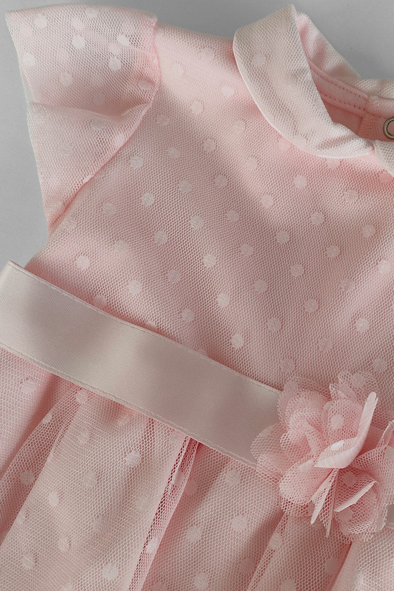 Vestitino in cotone elasticizzato con fascia in raso e inserti in tulle a pois