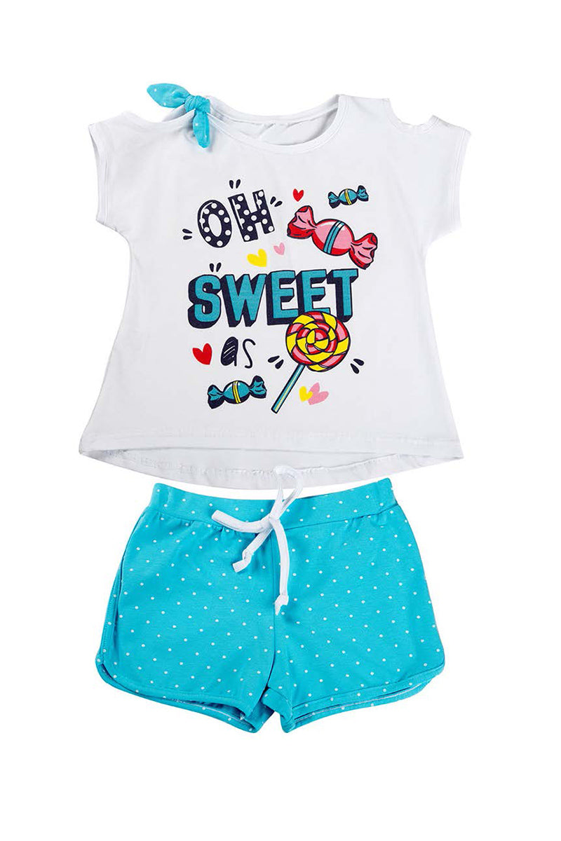 Completo mezza manica in cotone elasticizzato con stampa e fiocco + pantaloncino a pois