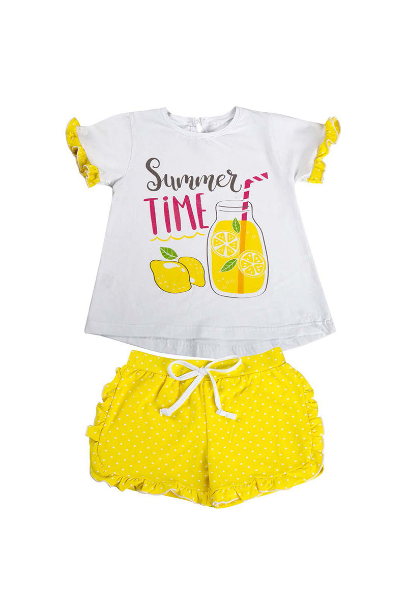 Completo mezza manica in cotone elasticizzato con stampa e rouches + pantaloncino a pois