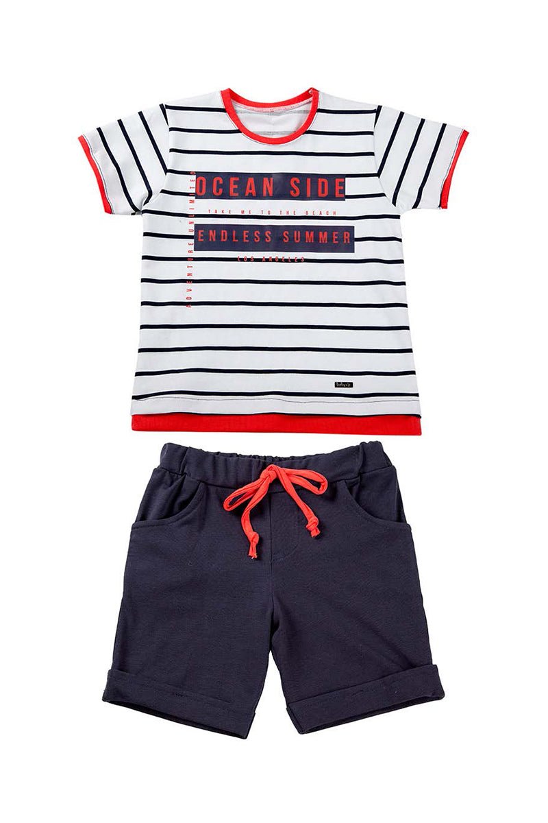 Completo mezza manica in cotone elasticizzato rigato con stampa e profili in contrasto