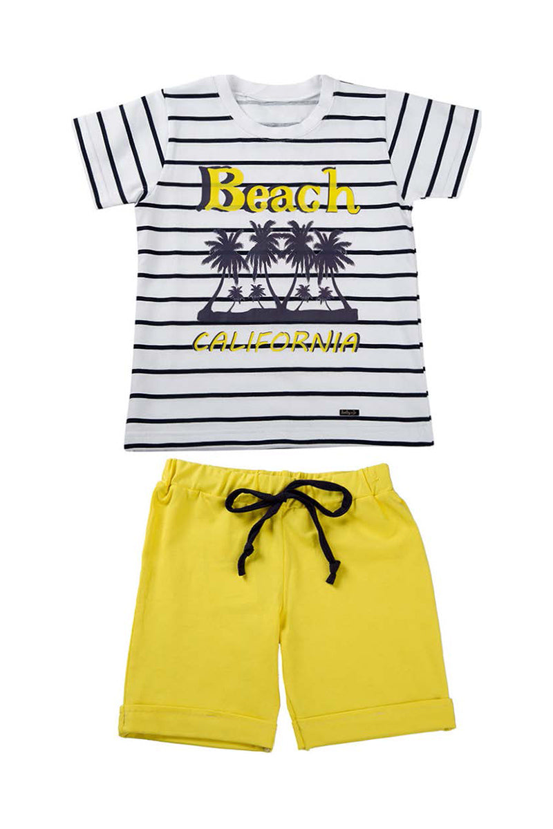 Completo mezza manica in cotone elasticizzato rigato con stampa e pantaloncino in contrasto