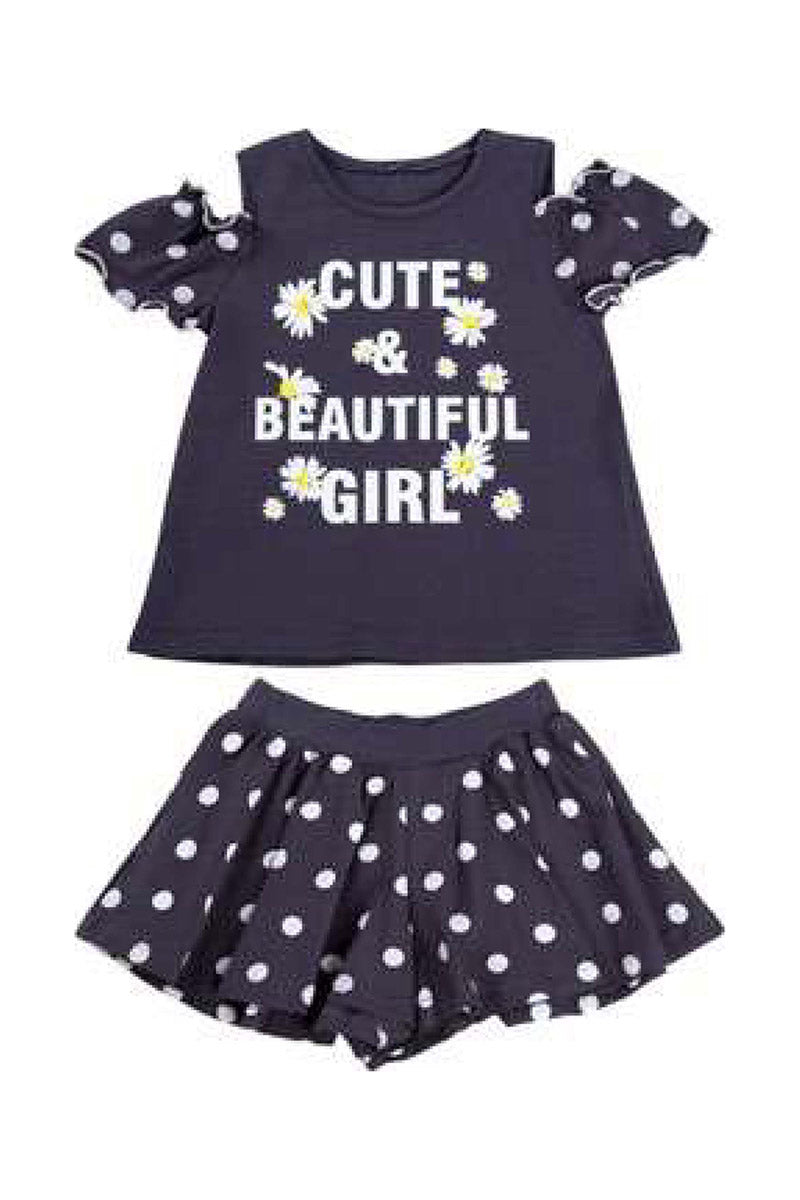 Completo mezza manica in cotone elasticizzato con stampa, manichette e pantagonna a pois