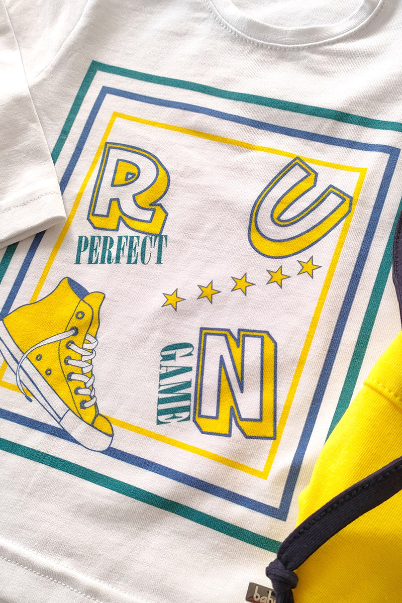 Completo 2 pezzi in cotone elasticizzato con stampa e pantaloni con tasche ed inserti in contrasto